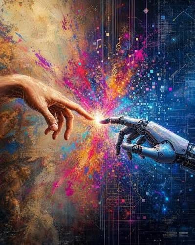 ✨ AI + Human Creativity: The New Renaissance? ✨ Is AI a threat to artists,  or the ultimate brush? 🎨🤖 We are entering an era where the boundaries  between human imagination and