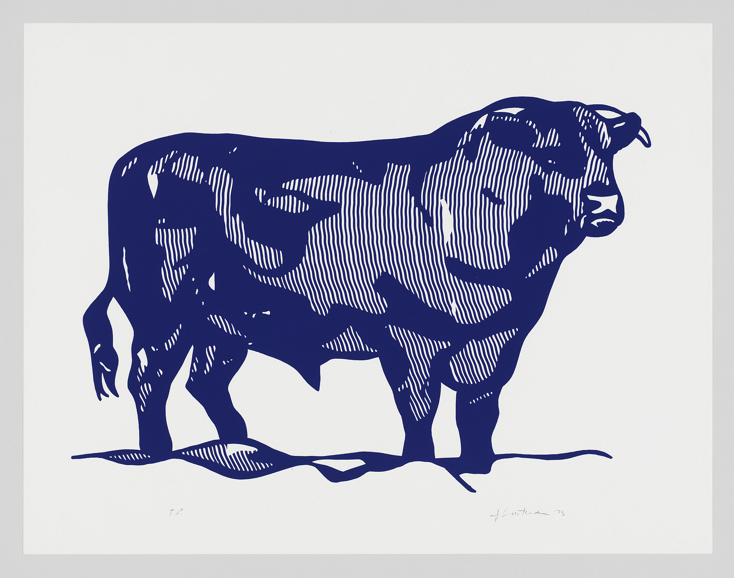 A blue and white graphic illustration of a standing bull, with striped shading on its body. A blue and white graphic illustration of a standing bull, with striped shading on its body.