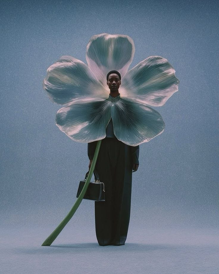 This may contain: a woman holding a large flower in her hands