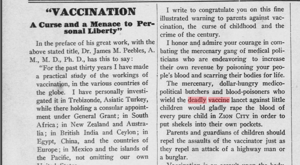 "VACCINATION A Curse and a Menace to Personal Liberty" - The Theocrat (1914)