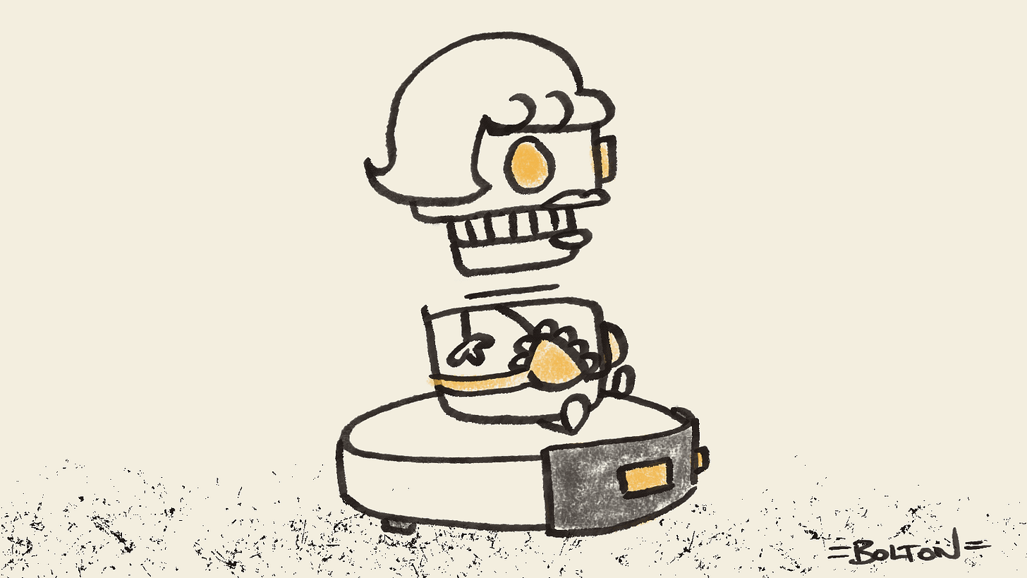 Hand-drawn robot, dressed in a bra and wig, riding a robot vacuum as it turns in circles, echoing the essay’s argument about labour-saving technology raising expectations rather than reducing them. Hand-drawn robot, dressed in a bra and wig, riding a robot vacuum as it turns in circles, echoing the essay’s argument about labour-saving technology raising expectations rather than reducing them.