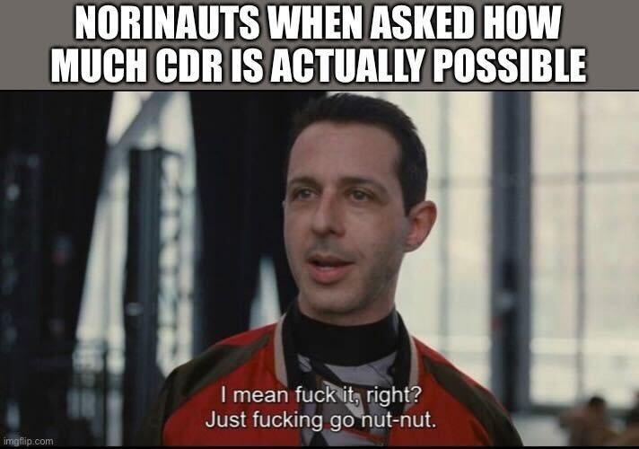 Text: "NORINAUTS WHEN ASKED HOW MUCH CDR IS ACTUALLY POSSIBLE". Below, Jeremy Strong as Kendall Roy in Succession, in a red bomber jacket, with the subtitle "I mean fuck it, right? Just fucking go nut-nut.". Watermark: imgflip.com.