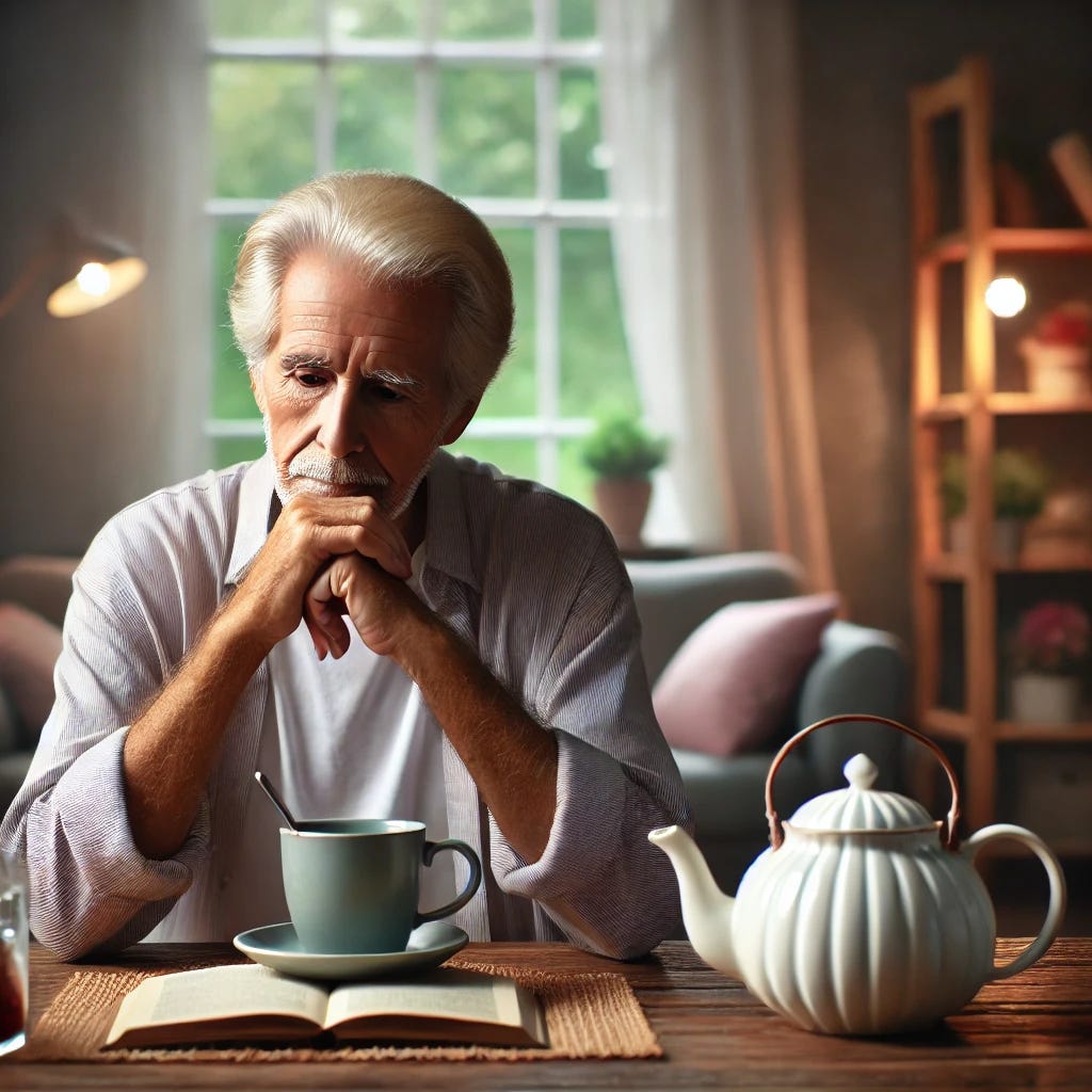 An elderly person sitting at a table with a cup of coffee and a teapot, looking thoughtful. The background shows a serene, cozy home setting with soft lighting, bookshelves, and a window with natural light streaming in. The scene reflects a balance between the comforting presence of coffee and the thoughtful consideration of its effects on cognitive health.