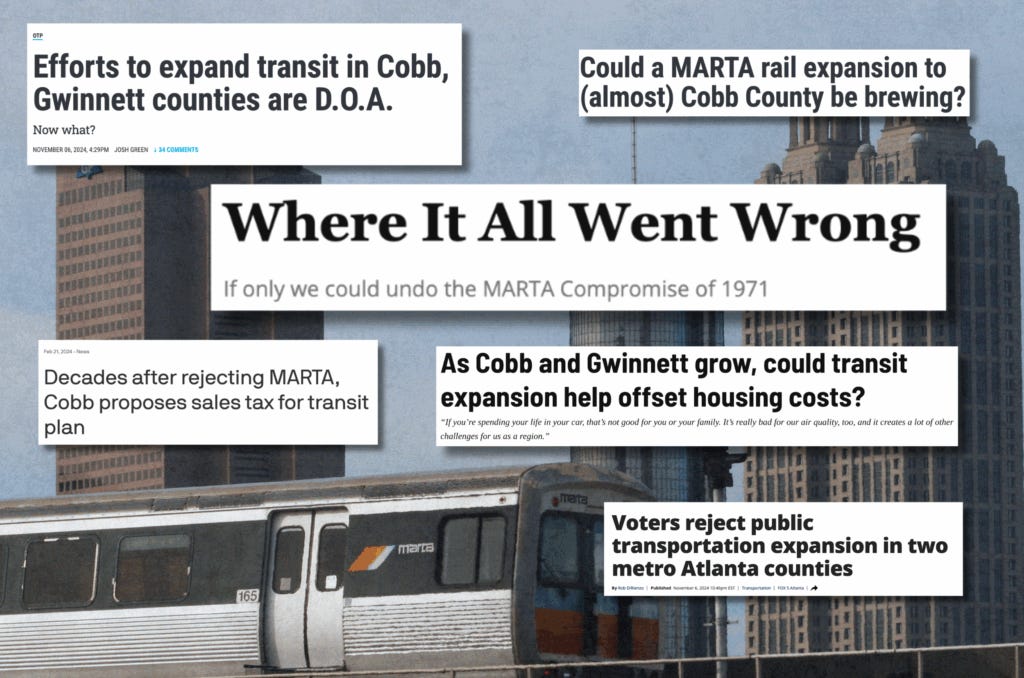 Collage of headlines about Cobb County rejecting MARTA expansion and its lasting transit struggles, over a photo of a MARTA train in Atlanta.