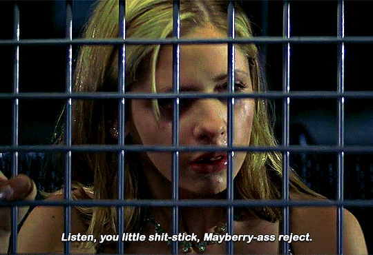 Helen Shivers (Sarah Michelle Gellar) behind bars in a police car saying "Listen you little shit-stick, Mayberry-ass reject."