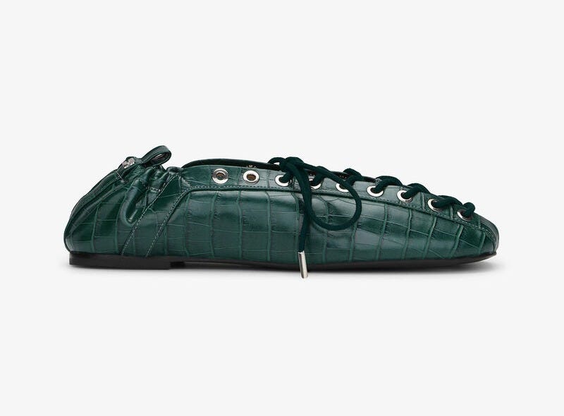 Lace-Up Ballerinas in Green Croco, Polyurethane, in colour Pineneedle - 1 - GANNI
