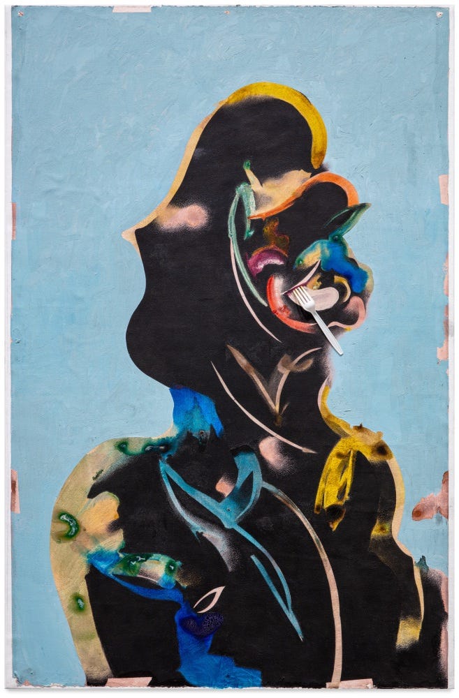 A single figure is painted in black paint against a light blue background. The figure has only the suggestion of a face, and mostly the outline of a head and body. Yellow, blue, red, pink, and beige lines halo and adorn the figure. A plastic fork is stuck on the head of the figure, in what may possibly be the figure's mouth.