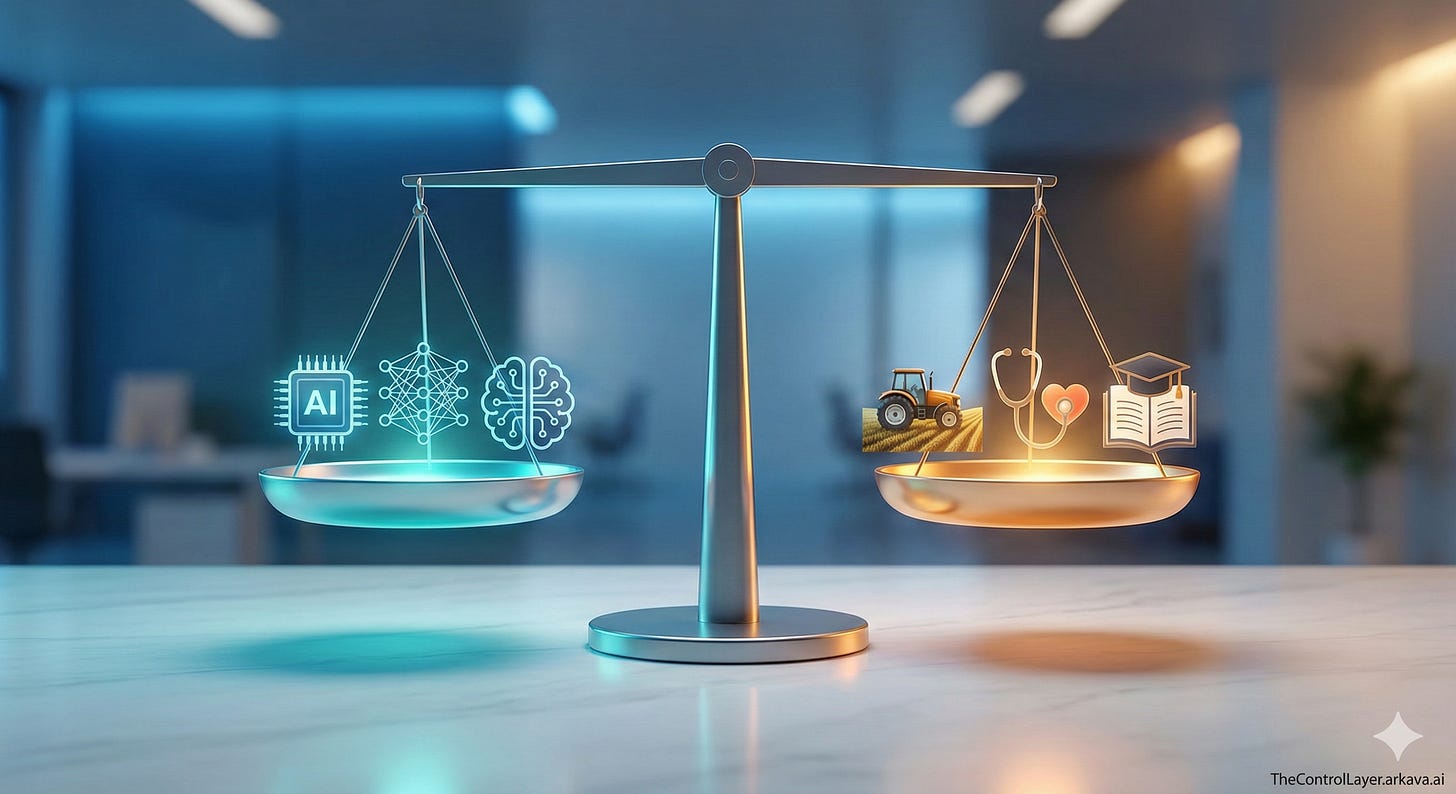 Alt text: Balance scale weighing AI technology against human outcomes in equilibrium