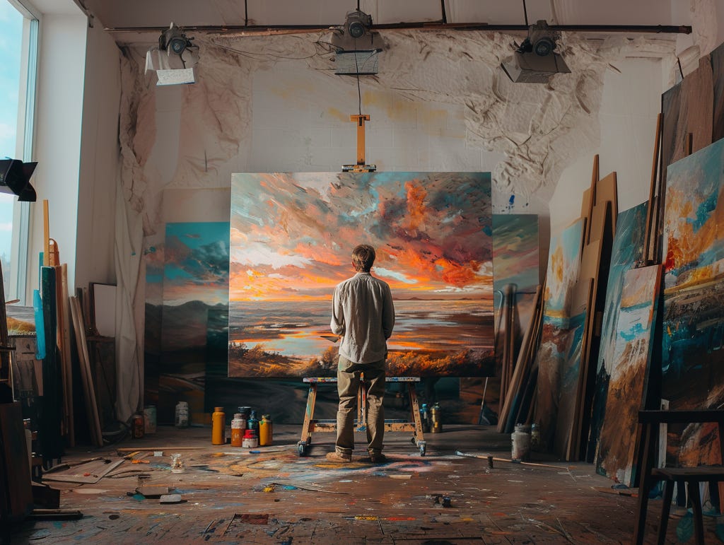 Artist painting a sunset landscape in a studio with artworks and supplies.