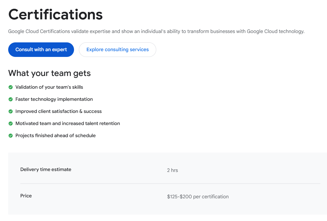 A screenshot of google's certification landing page from 11/12/25. It details prices range from $125-200/certification. A screenshot of google's certification landing page from 11/12/25. It details prices range from $125-200/certification.