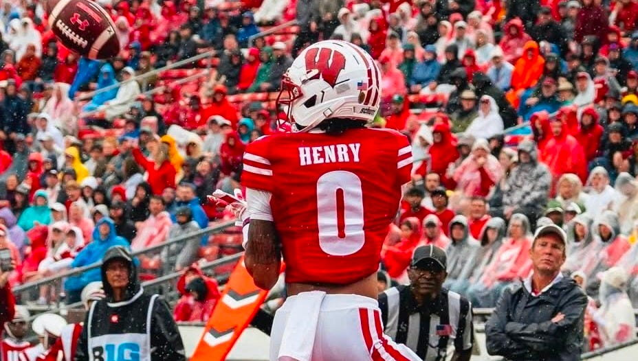 Wisconsin Badgers wide receiver Tyrell Henry catches a pass in the end zone against Eastern Michigan. Wisconsin Badgers wide receiver Tyrell Henry catches a pass in the end zone against Eastern Michigan.