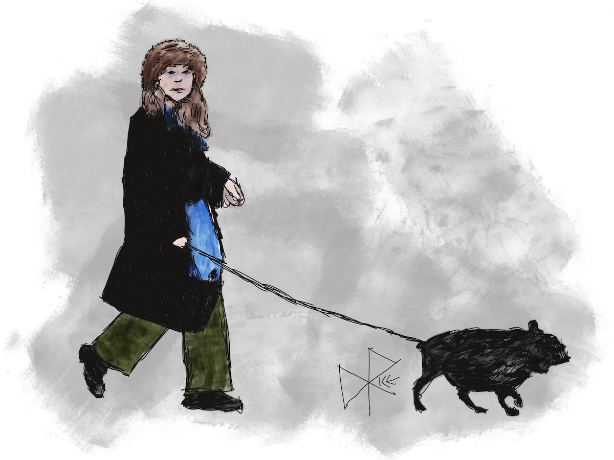A woman in an overcoat and winter hat is happily out walking with her French Bulldog, who frequently pulls at the leash to get to ‘the good stuff’ that must be ahead. Sketch art by Don Rice.