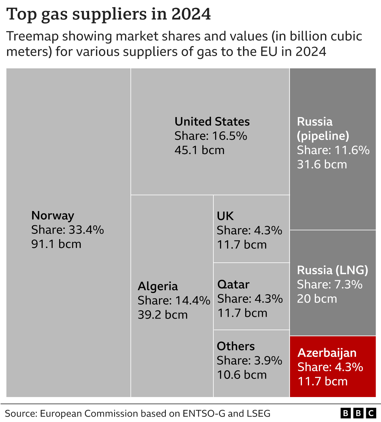 Treemap showing market shares and values (in billion cubic meters) for various suppliers of gas to the EU in 2024 Treemap showing market shares and values (in billion cubic meters) for various suppliers of gas to the EU in 2024