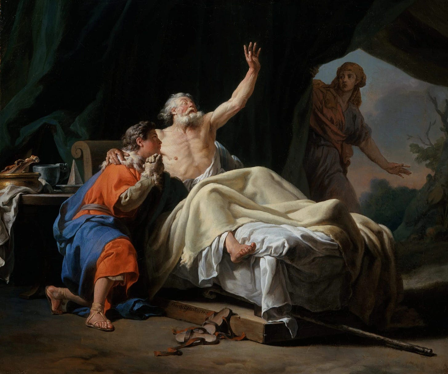 Oil painting of three figures: a bare-chested elderly man reclining on a bed with one arm raised, a younger kneeling man in orange and blue robes at his side, and a woman watching from a rocky opening