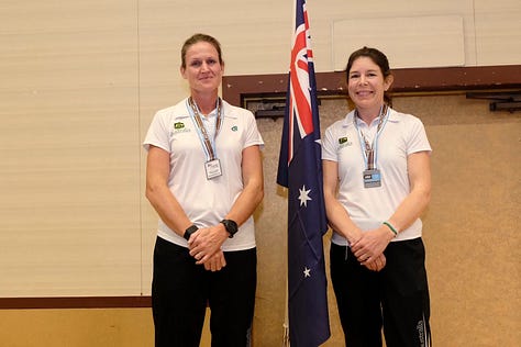 Jenny White, with Aussie teammate Carrie Geeson, at the championships in Japan last week.