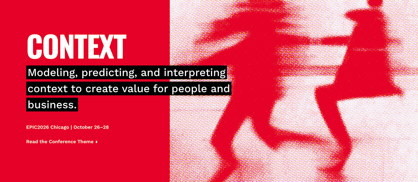 Conference banner with the word "CONTEXT" in white over a red halftone image of a running figure. Subtitle: "Modeling, predicting, and interpreting context to create value for people and business." Includes a "Read the Conference Theme" link.