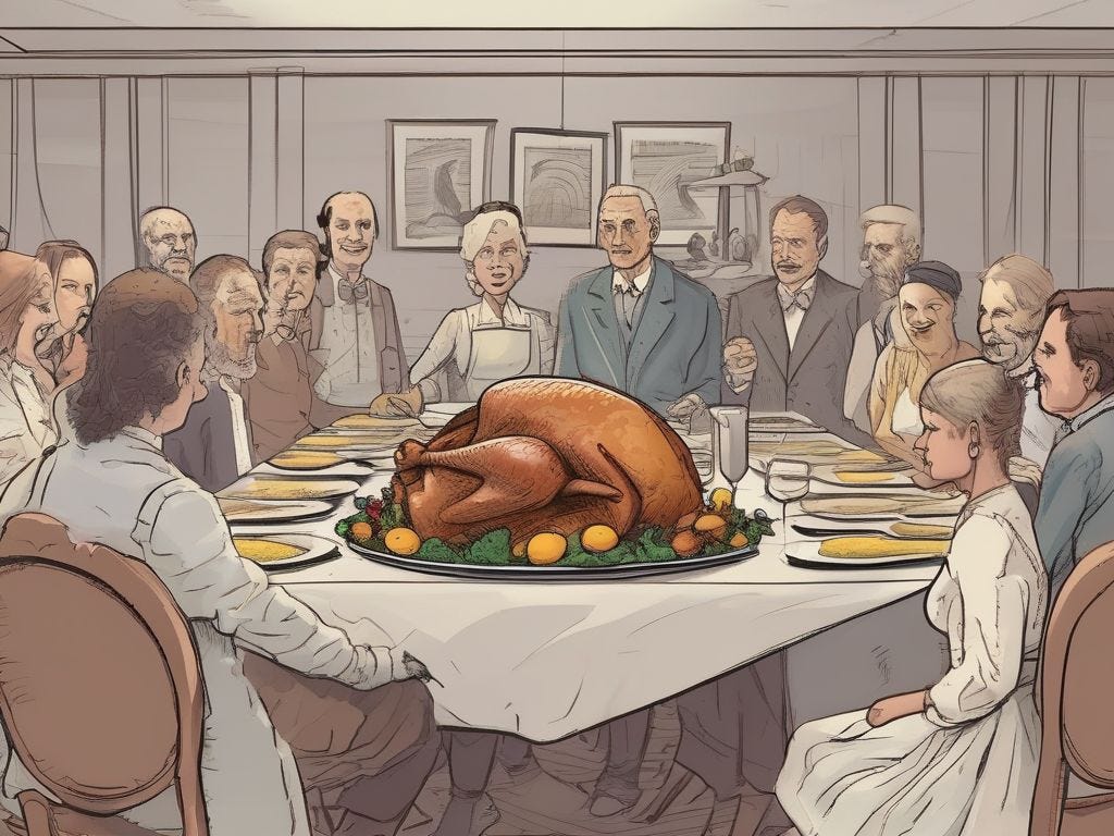 Thanksgiving dinner where everyone suspects the turkey is sentient and plotting revenge. Thanksgiving dinner where everyone suspects the turkey is sentient and plotting revenge.