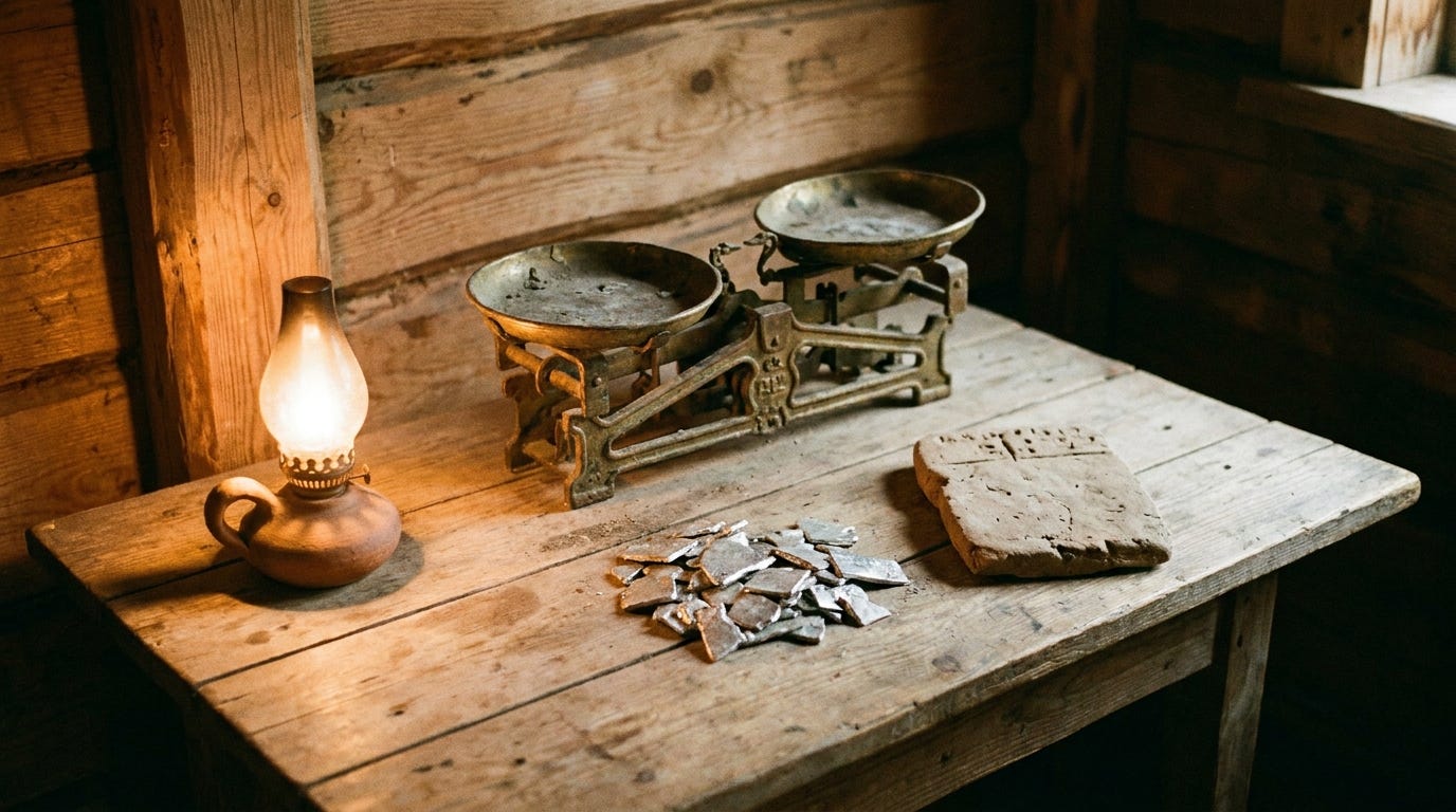 An old set of bronze balance scales on a rough wooden table beside a small heap of hacked silver pieces and a clay tablet, warm lamplight, no people, no faces, no text