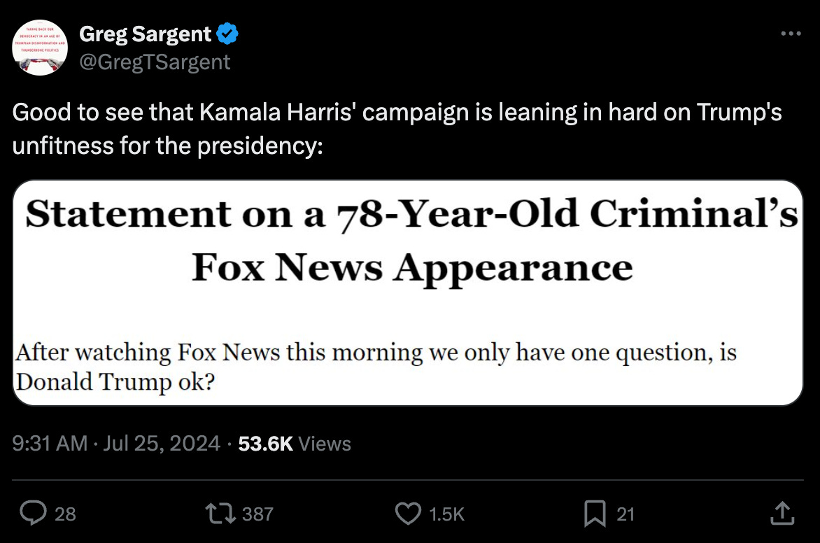Press release headline: "Statement on a 78-Year-Old Criminal's Fox News Appearance" Press release headline: "Statement on a 78-Year-Old Criminal's Fox News Appearance"