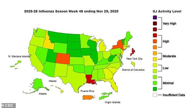 Four jurisdictions are currently reporting the highest level of flu activity: Louisiana and New York City at Level 10, followed by Colorado and New York at Level 9. A broader cluster of states, including Idaho and New Jersey, are experiencing 'Moderate' activity