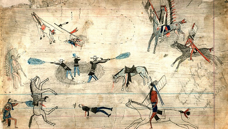 A Kiowa ledger drawing possibly depicting the Buffalo Wallow battle in 1874, one of several clashes between Southern Plains Indians and the U.S. Army during the Red River War. A Kiowa ledger drawing possibly depicting the Buffalo Wallow battle in 1874, one of several clashes between Southern Plains Indians and the U.S. Army during the Red River War.
