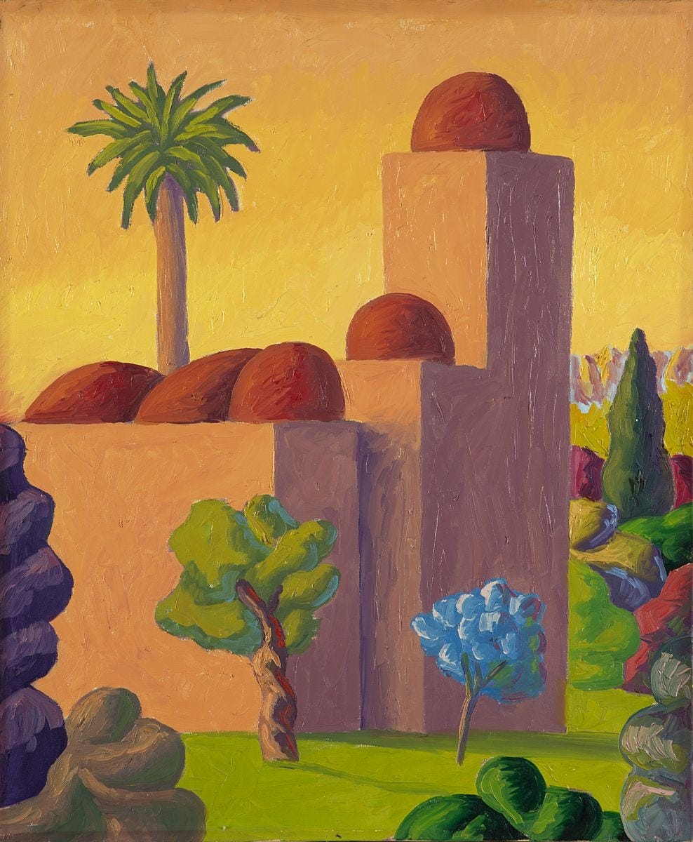 Salvo nocturne of San Giovanni degli Eremiti in Palermo with red domes under a green night sky