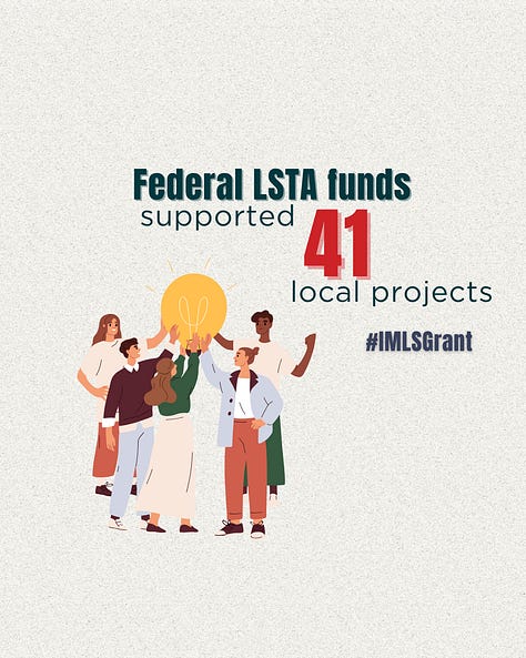 a gallery of 5 images showing federal funds supporting project, adult services, trustees, programming kits, and newsletter posts