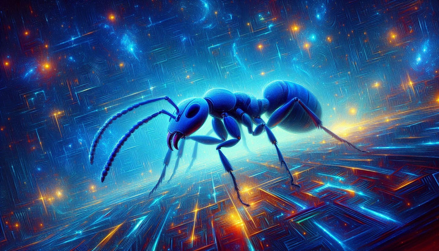 A giant blue ant crawls through a cyberspace of glowing circuits and dreams. Slight impressionist style.