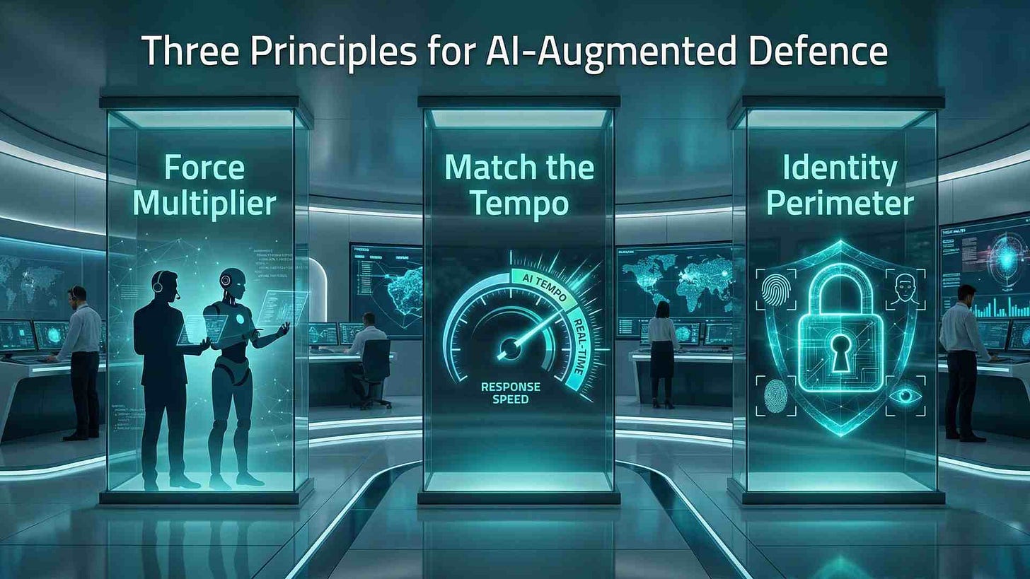 Three illuminated pillars in command centre representing Force Multiplier, Match the Tempo, and Identity Perimeter defensive principles Three illuminated pillars in command centre representing Force Multiplier, Match the Tempo, and Identity Perimeter defensive principles
