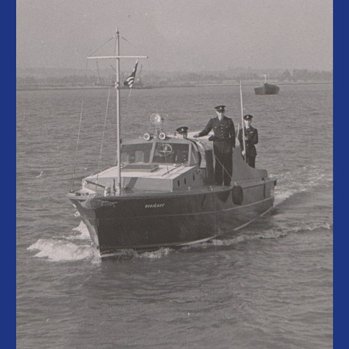 A collection of photos showing Vigilant, a small river boat, out on the water and the interior of the boat featuring old radio equipment and seating.