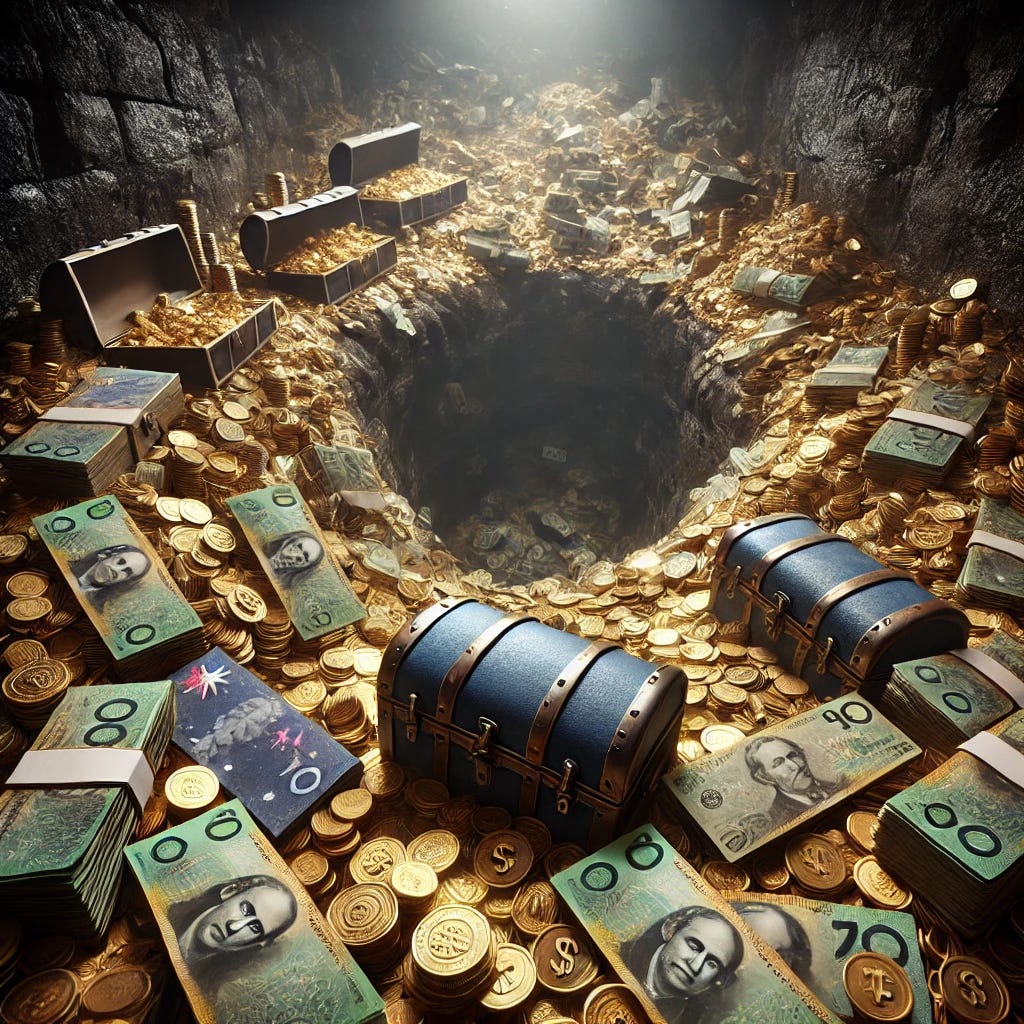 A deep, dark pit filled with stacks of Australian dollars, gold coins, and treasure chests. The pit appears endless, with money spilling over the edges. The surroundings are eerie, with dim lighting casting shadows. The scene gives a sense of both wealth and danger, as if the pit is a trap.