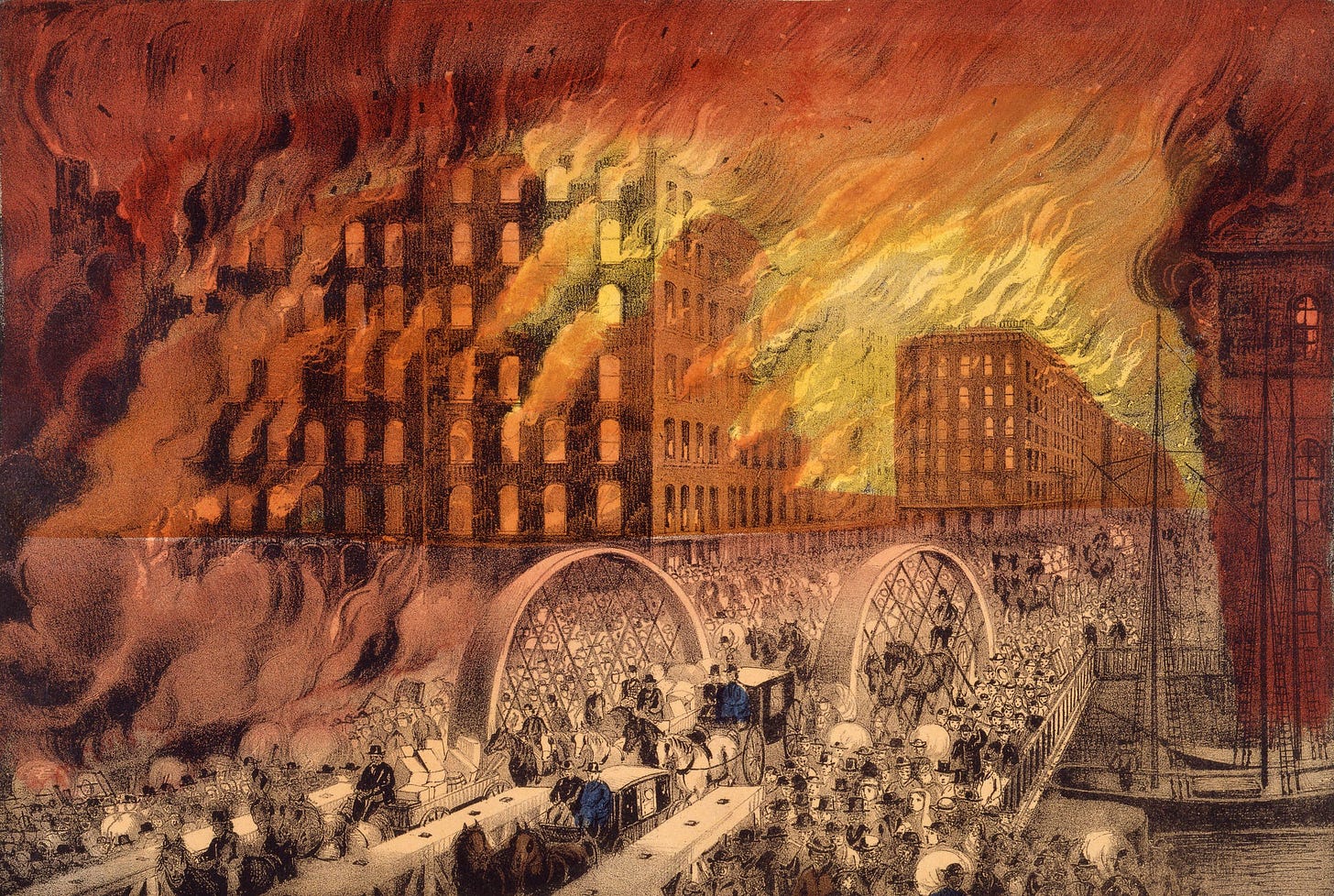 Image of Chicago Fire by Currier and Ives, Public domain, via Wikimedia Commons Image of Chicago Fire by Currier and Ives, Public domain, via Wikimedia Commons
