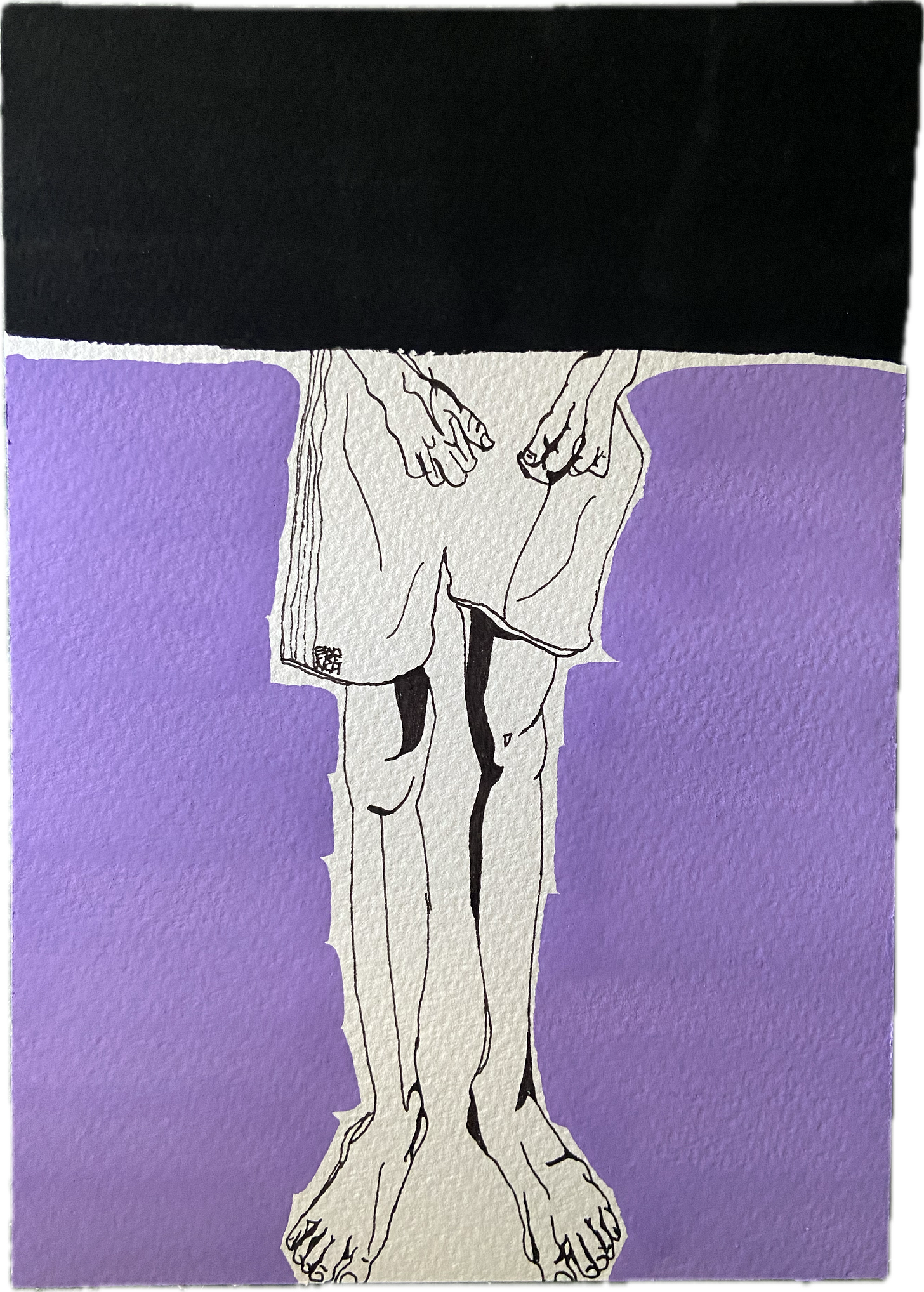 pen drawing of lower half of kid's body on a purple and black background