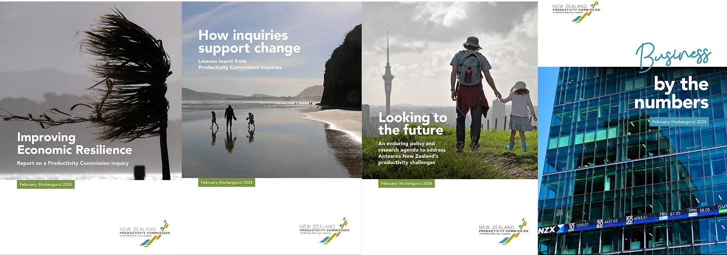 Image shows covers of four Productivity Commission reports. (1) Improving Economic Resilience; (2) How inquiries support change; (3) Looking to the future; (4) Business by the numbers. Image shows covers of four Productivity Commission reports. (1) Improving Economic Resilience; (2) How inquiries support change; (3) Looking to the future; (4) Business by the numbers.
