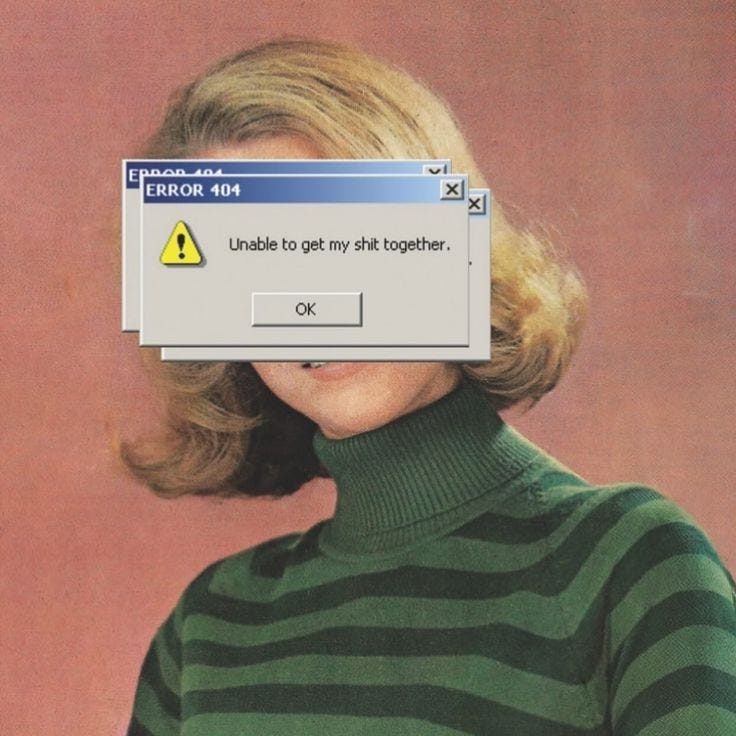 This may contain: a woman wearing a green and black striped shirt with a computer error message on her face This may contain: a woman wearing a green and black striped shirt with a computer error message on her face