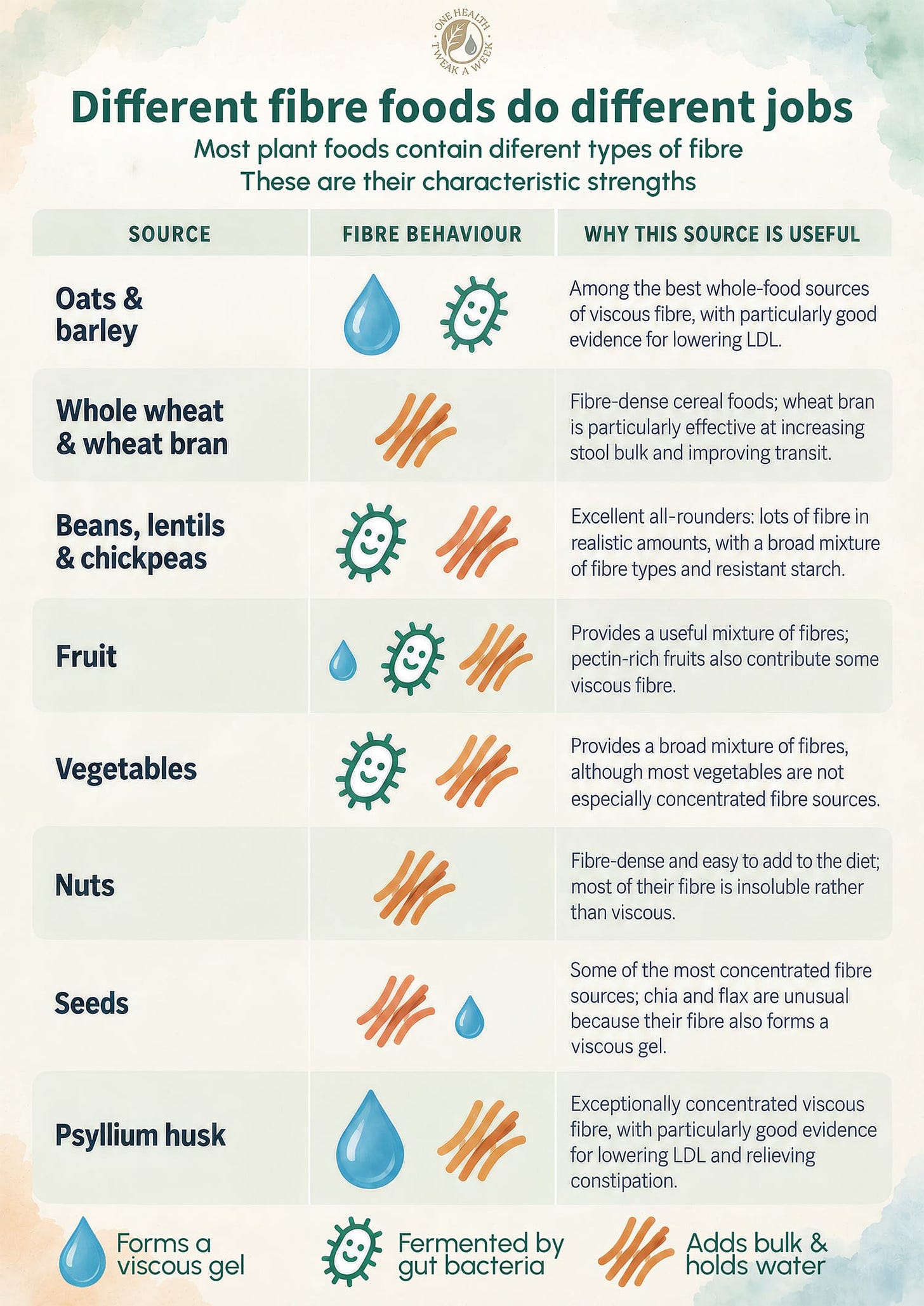 An infographic showing the different types of fibre in the main food groups, and why they’re useful. An infographic showing the different types of fibre in the main food groups, and why they’re useful.