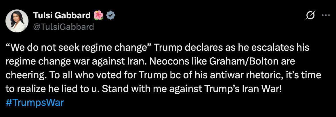 A post on the social media site X from Tulsi Gabbard in which she criticized President Trump during his first term for attacks on Iran.