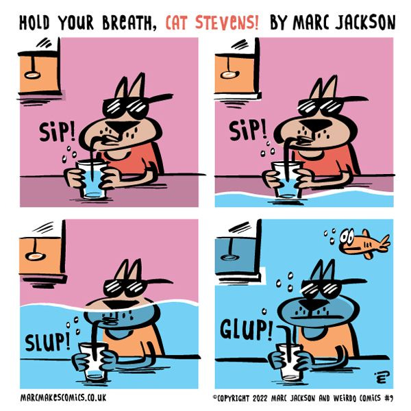 Cat Stevens, a brown cat wearing a red shirt and sunglasses, is sitting at a table drinking a glass of water. As he drinks, water appears in the room, and by the time he finishes the glass, the water is up to the ceiling!