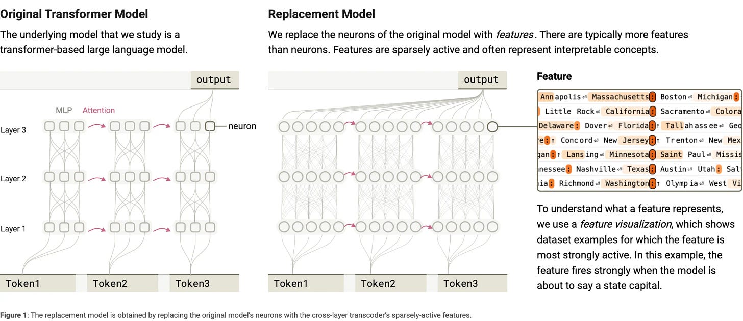 The replacement model: the model's MLP layers swapped for features.