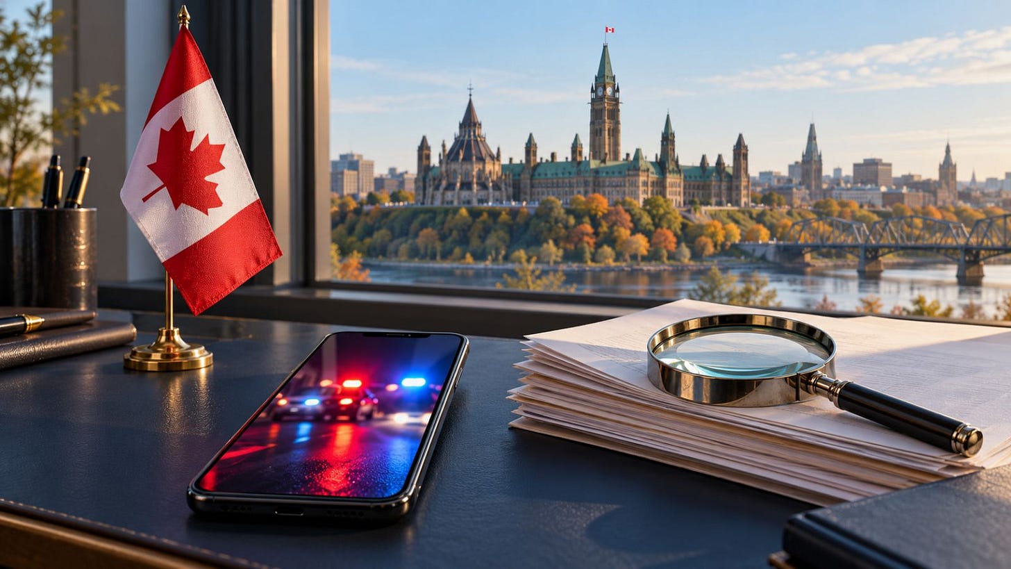 Canadian flag, smartphone showing police lights, and magnifying glass over research papers, illustrating scrutiny of Canada crime statistics, with Parliament in the background. Canadian flag, smartphone showing police lights, and magnifying glass over research papers, illustrating scrutiny of Canada crime statistics, with Parliament in the background.