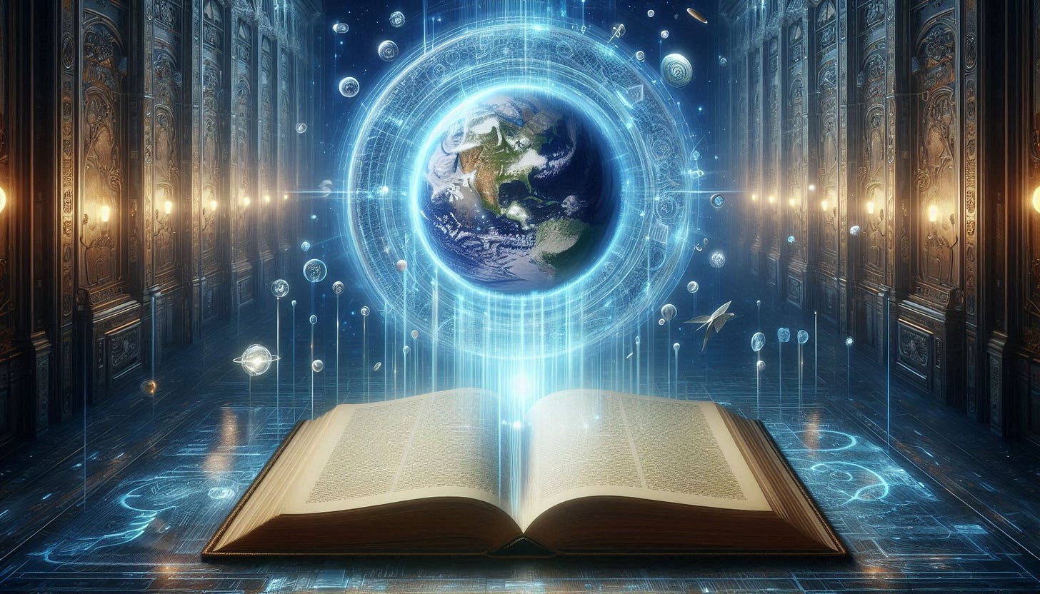 AI-generated image with a book in a library, above it is a holographic image of the earth encircled in an energy field of spirals and cosmic shapes to denote the higher wisdom