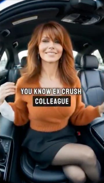 Screenshot of an ad with the closed caption “you know ex crush colleague” in front of a woman sitting in a car.