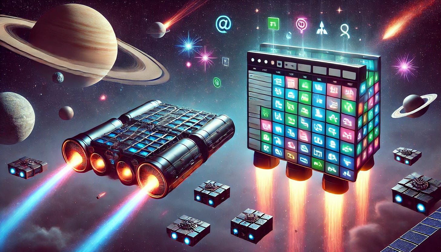 An imaginative outer space scene featuring two iconic representations of Airtable and Notion in a cosmic duel. Airtable is depicted as a sleek, futuristic spreadsheet-like spacecraft with vibrant, glowing cells, flying in formation with a trail of light. Notion appears as a modular, versatile starship composed of interconnected blocks, glowing softly with a minimalist aesthetic. The background is a dazzling starfield with planets, nebulae, and shooting stars, symbolizing infinite possibilities. The atmosphere conveys friendly competition and collaboration, with beams of light and symbols exchanged between the two crafts.