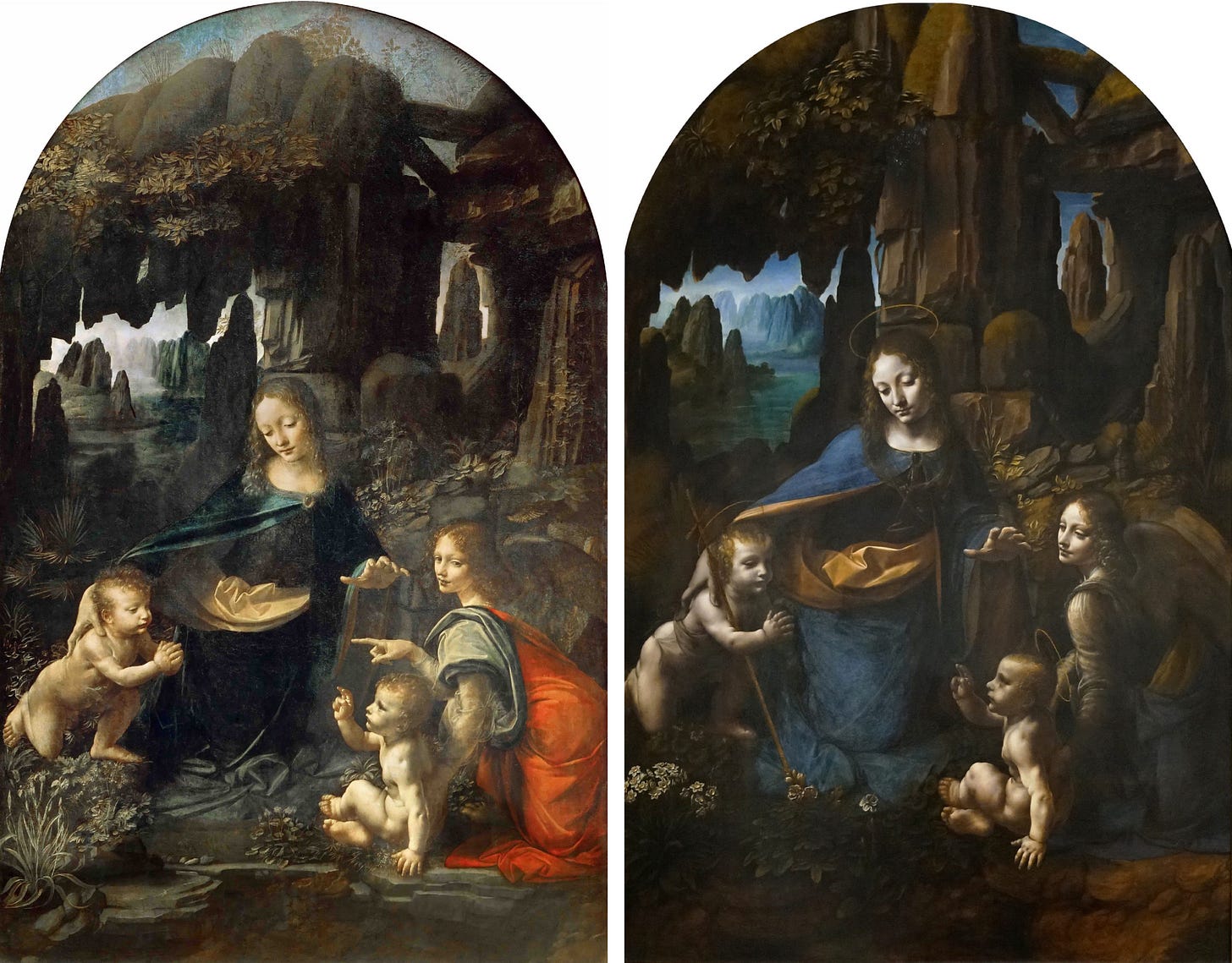 Left: The Virgin of the Rocks, c.1483–86, (Musée du Louvre); right: The Virgin of the Rocks, c.1491–1508, (The National Gallery, London; photo: Steven Zucker, CC BY-NC-SA 2.0)
