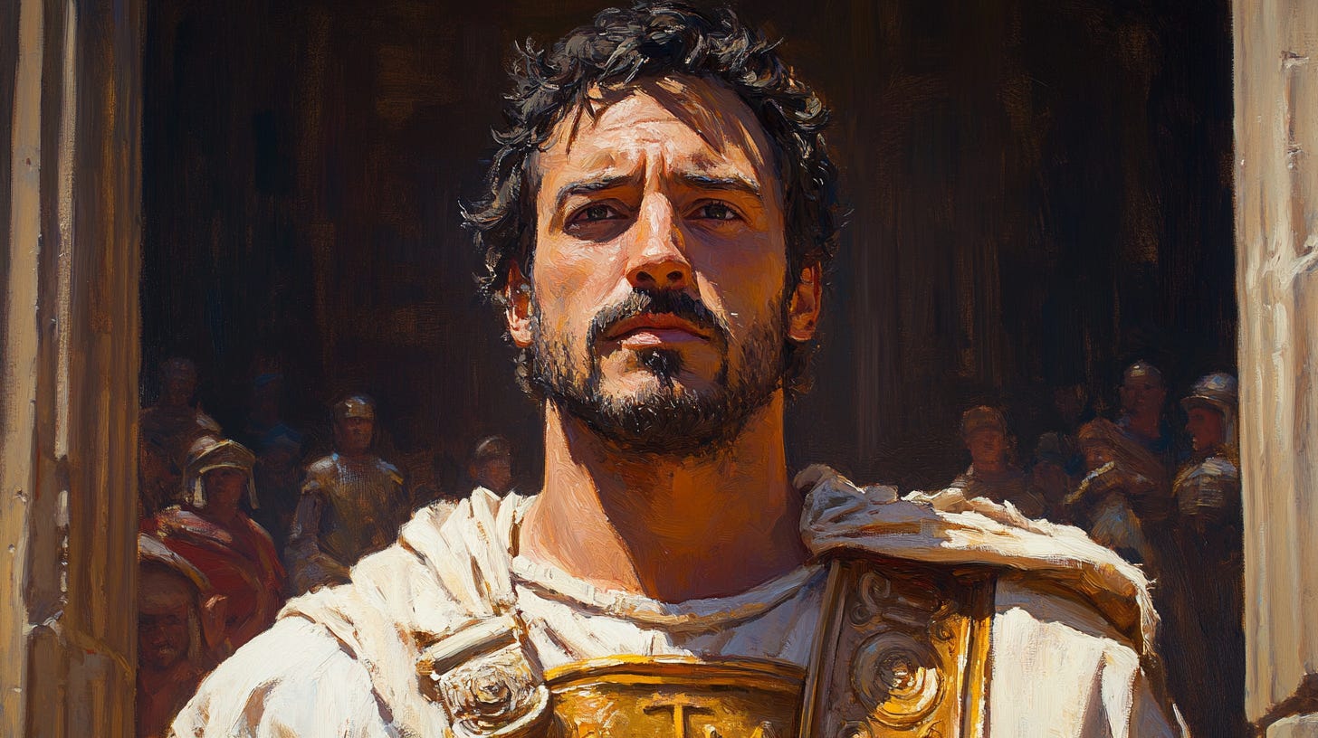 Painting of a Roman general with a determined expression, wearing a white toga and golden armor, standing in the sunlight before a dark background filled with soldiers in shadow. The image evokes a sense of leadership, strength, and historical grandeur. Painting of a Roman general with a determined expression, wearing a white toga and golden armor, standing in the sunlight before a dark background filled with soldiers in shadow. The image evokes a sense of leadership, strength, and historical grandeur.