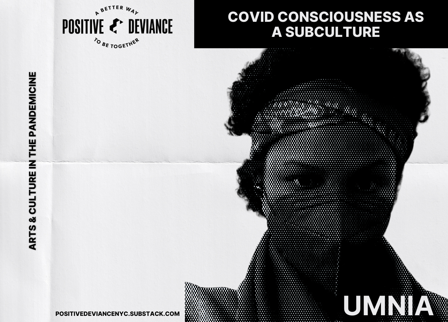 A promotional image for an essay looks to be printed on a folded broadsheet featuring a black-and-white image of a Black person wearing a KN95 mask. A promotional image for an essay looks to be printed on a folded broadsheet featuring a black-and-white image of a Black person wearing a KN95 mask.