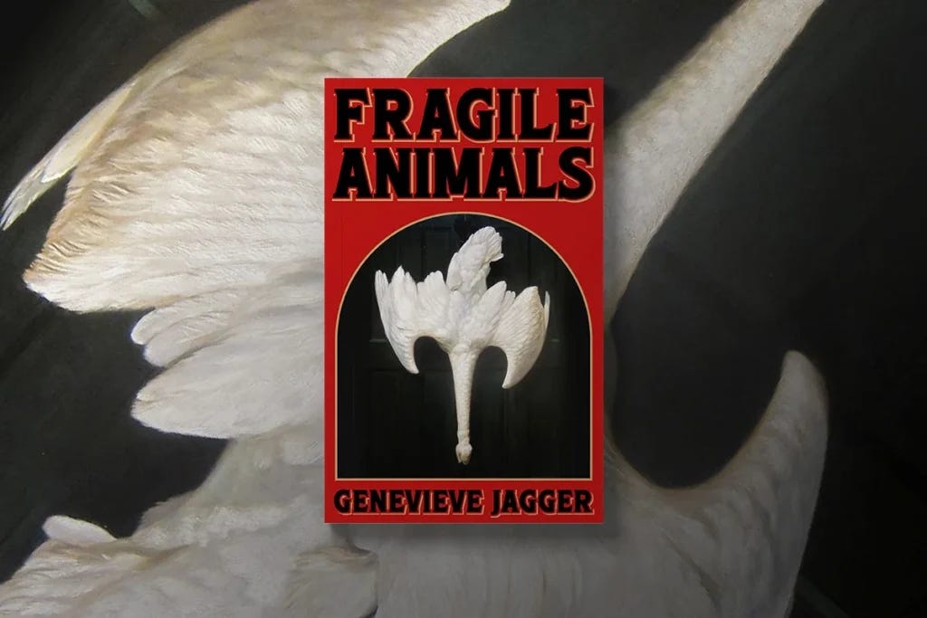Book cover of Fragile Animals by Genevieve Jagger. Red background with black text and a painting of a white swan upside down agaist a door.