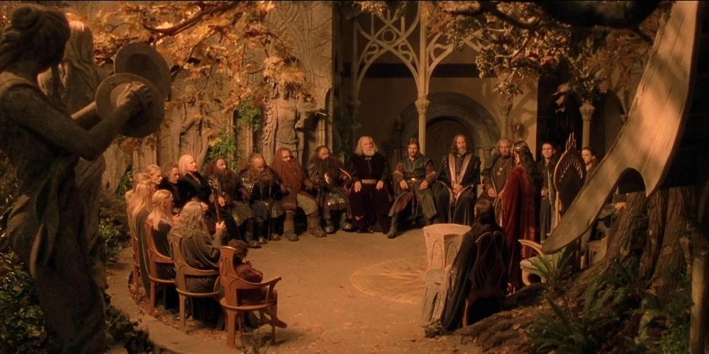 The Council of Elrond are gathered in a large circle in the Fellowship of the RIng