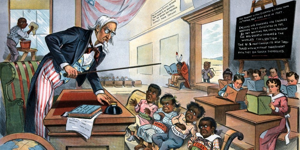 This political cartoon depicts Uncle Sam as condescendingly threatening discipline to children wearing sashes that say Philippines, Hawaii, Porto Rico, and Cuba. This political cartoon depicts Uncle Sam as condescendingly threatening discipline to children wearing sashes that say Philippines, Hawaii, Porto Rico, and Cuba.