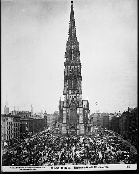 (L) Bell graveyard, Hamburg Germany (C) a belfry rises in Veneto Italy (R) St Nicolas Church in Hamburg Germany